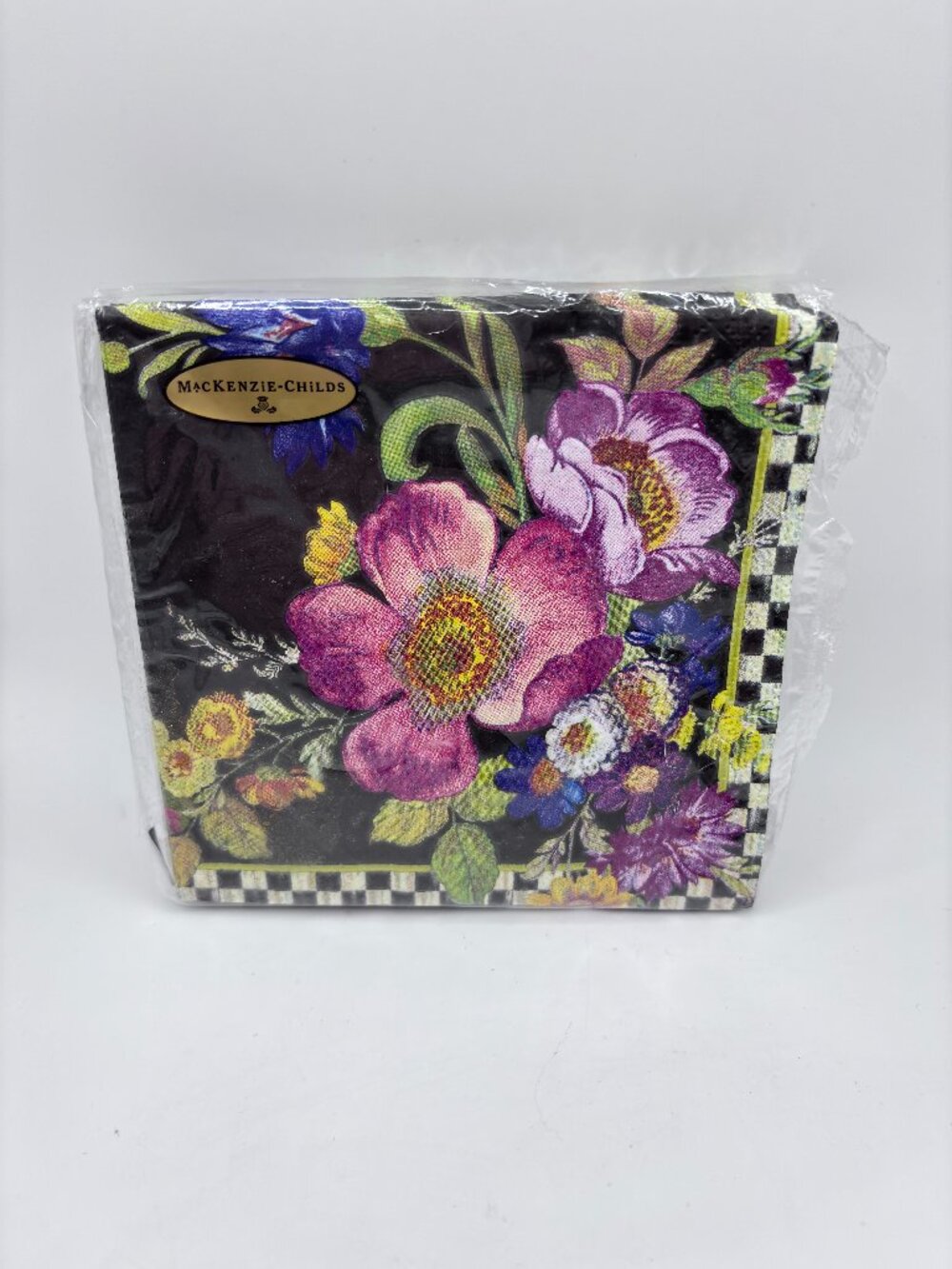 Retired Mackenzie-Childs Flower Market Black Cocktail Paper Napkins 16 ct open